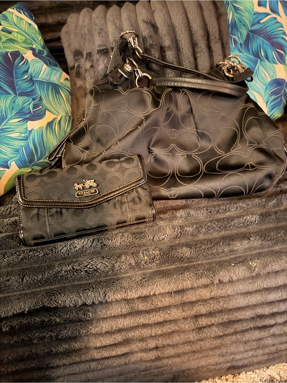 Coach Black Signature Shoulder Bag with Matching Black Wallet
